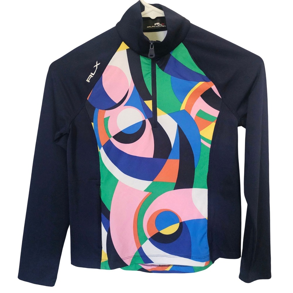 RLX Ralph Lauren Girls Navy Abstract Geometric Quarter Zip Performance 8-10 Swim